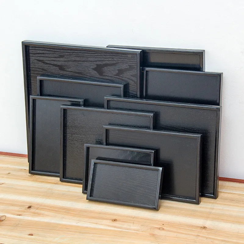 

Black Tray Rectangular Wooden Tableware Cake Plate Solid Wood Hotel Plate Fruit Tray