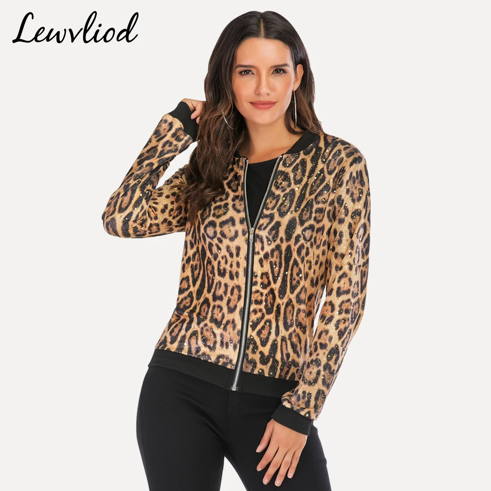astounding Leopard Gold Stamping Bomber Jacket Women Summer Plus Size Zipper Long Sleeve Coat Female 2019 Shor