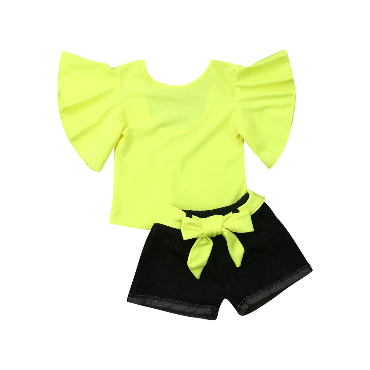 

1-6T Baby Clothes 2Pcs/Set Toddler Girl Ruffle Short Sleeve Fluorescent Solid Color Tops Strappy Jeans Shorts Summer Cute Outfit