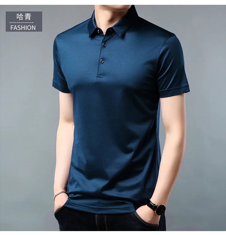 Шелковая Однотонная рубашка поло для мужчин Летняя Повседневная рубашка с коротким рукавом мужская одежда наивысшего качества облегающая дышащая бизнес поло мужская одежда