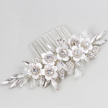 

SLBRIDAL Handmade Clear Crystals Rhinestone Pearls Floral Wedding Hair Comb Bridal Headpieces Hair Accessories Wedding Jewelry