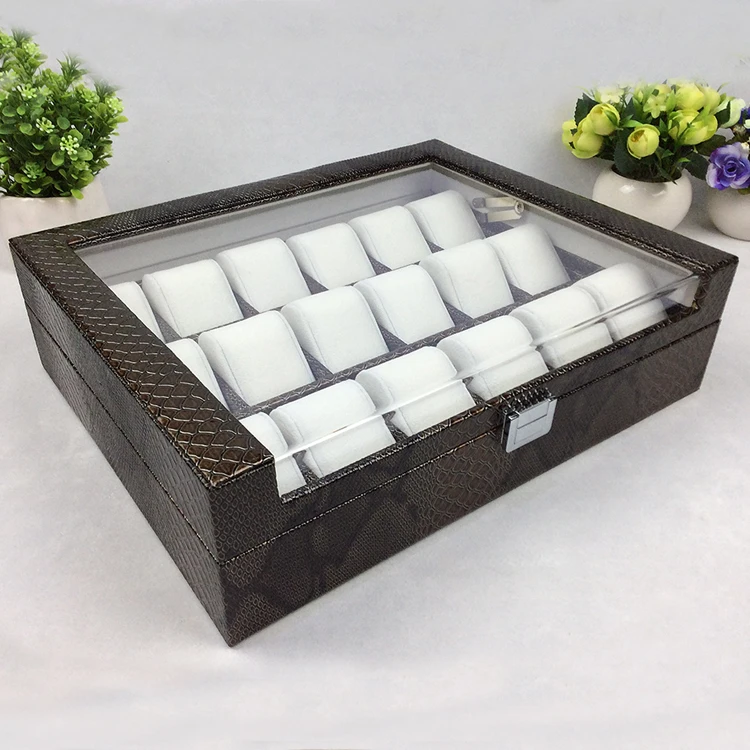 

18 Grid Durable Luxury Snake Pattern PU Acrylic Watch Display Box Watches Case Windowed Jewelry Storage Holder Organizer