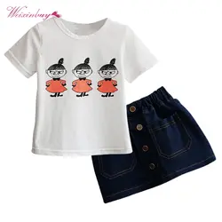 Лето 2017 г. Детские комплекты одежды для девочек с милым рисунком футболка с короткими рукавами + джинсовая юбка детская одежда От 2 до 7 лет