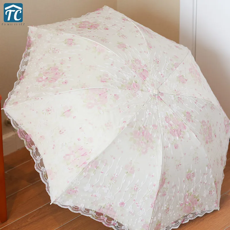 

Lace Umbrella Three-folding Student Female Vinyl Sunscreen Sun Woman Household Rain Gear Parasol UV-Protection Flower Decoration