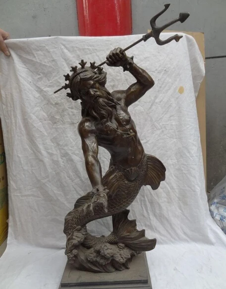 

28" Chinese Bronze Art Davy Jones Nereus Mermaid Sea Fish God Statue Sculpture