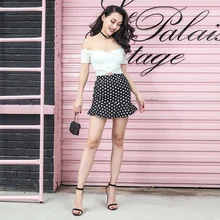 Летняя винтажная стильная короткая юбка с оборками, тонкая высокая посадка, черно-белая юбка в горошек, эластичная ткань