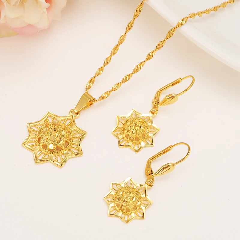 

Gold dubai india sunflower African jewelry Set Necklace pendant Earrings Ethiopia Eritrea wedding bridl jewelry for women girl