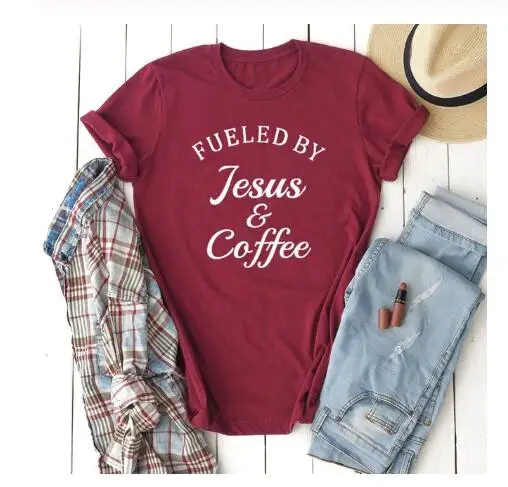 

Fueled By Jesus & Coffee Slogan T-Shirt Funny Christian Casual Tee Bible Verse Church Graphic Tops Religious Vintage t shirts