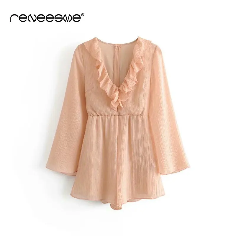 

2019 summer new women playsuit solid color long sleeve v neck ruffles back zipper jumpsuits loose rompers beach female jumpsuit