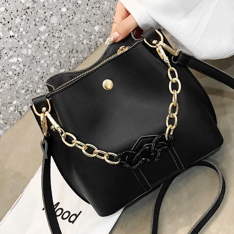 

2019 New Women's Bag Fashion PU Leather Solid Color Shoulder Messenger Bag Trend Wild Portable Chain Bucket Bag