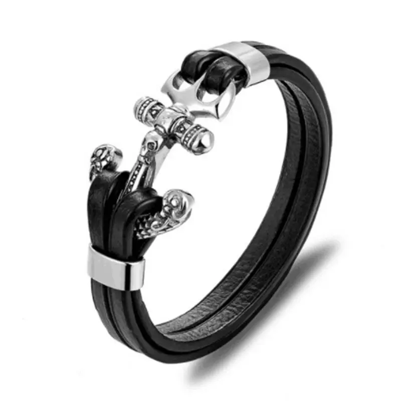

New Type Ship Anchor Bracelet of Men Jewelry Multi-layer Cowhide Bracelet Charm Rope Chain Stainless Steel Bangles Fashion Gifts