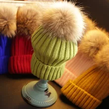 Women Winter Knitt Caps Real Mink Fur Pom Poms Wool Hat ball Solid Beanies Thick Hat Knit Female Bonnet Acrylic touca QN005