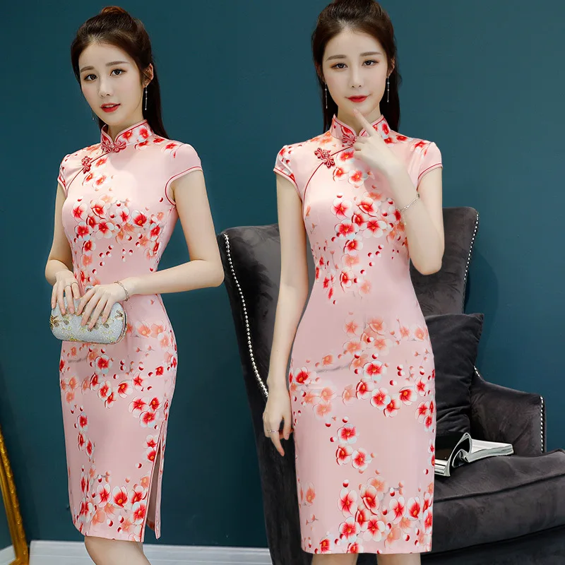 Классическое китайское женское атласное платье Ципао Cheongsam, летнее женское новое платье с цветочным рисунком, Сексуальное мини платье, Размеры s m l xl XXL 3XL