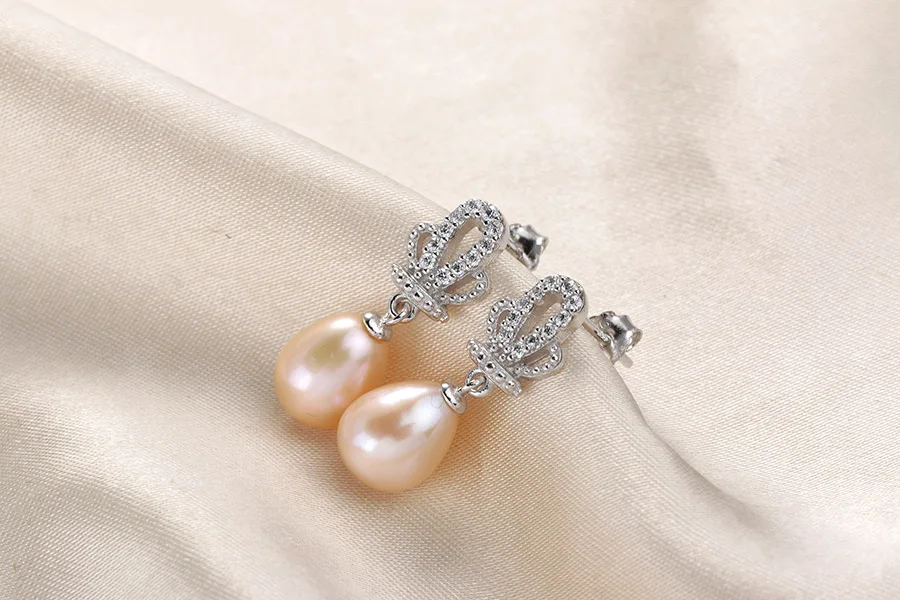 Fashion Crown AAA Zircon 8-9mm Natural Freshwater Pearl Wedding Drop Earrings For Women 4 Colors Silver 925 Real Pearl Jewelry -