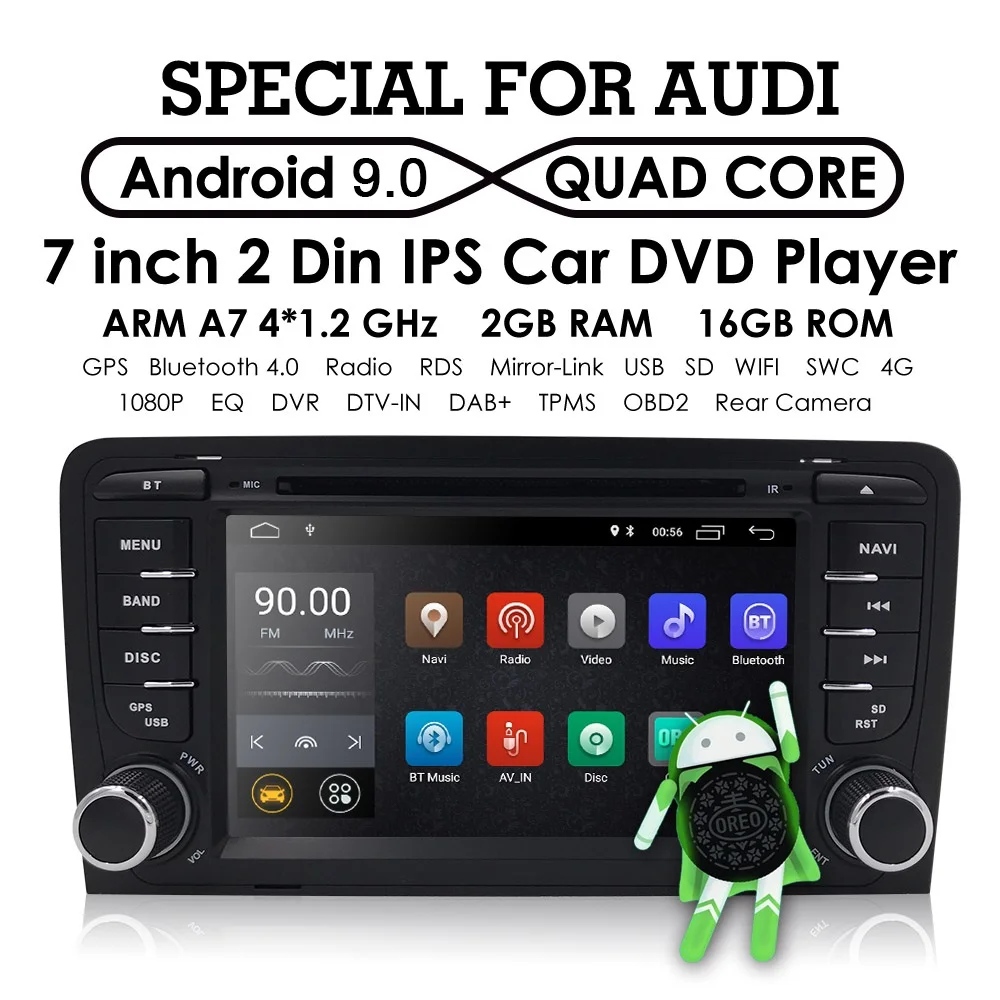 Best Ossuret Car Multimedia player Android 9 GPS 2 Din Autoradio Stereo System For Audi/A3/S3 Quad Core 2GB RAM wifi Car DVD Player 1