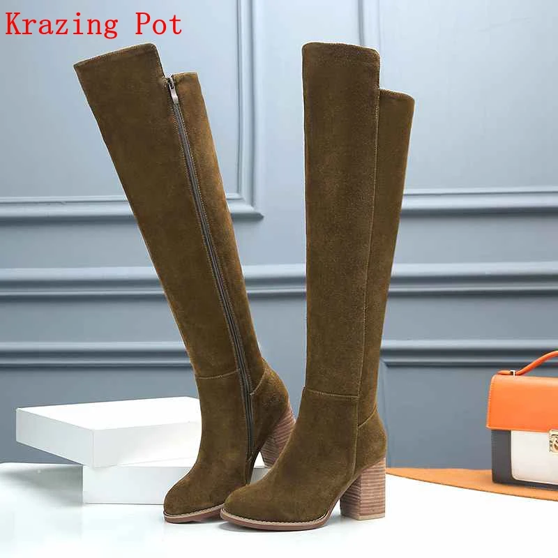 

Krazing Pot 2018 full grain leather cow suede round toe extreme high heels riding handsome British style over-the-knee boots L82