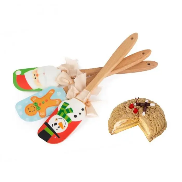 Silicone Butter Scraper Wooden Handle Cake Cream Mixing Christmas Pattern Kitchen KM88