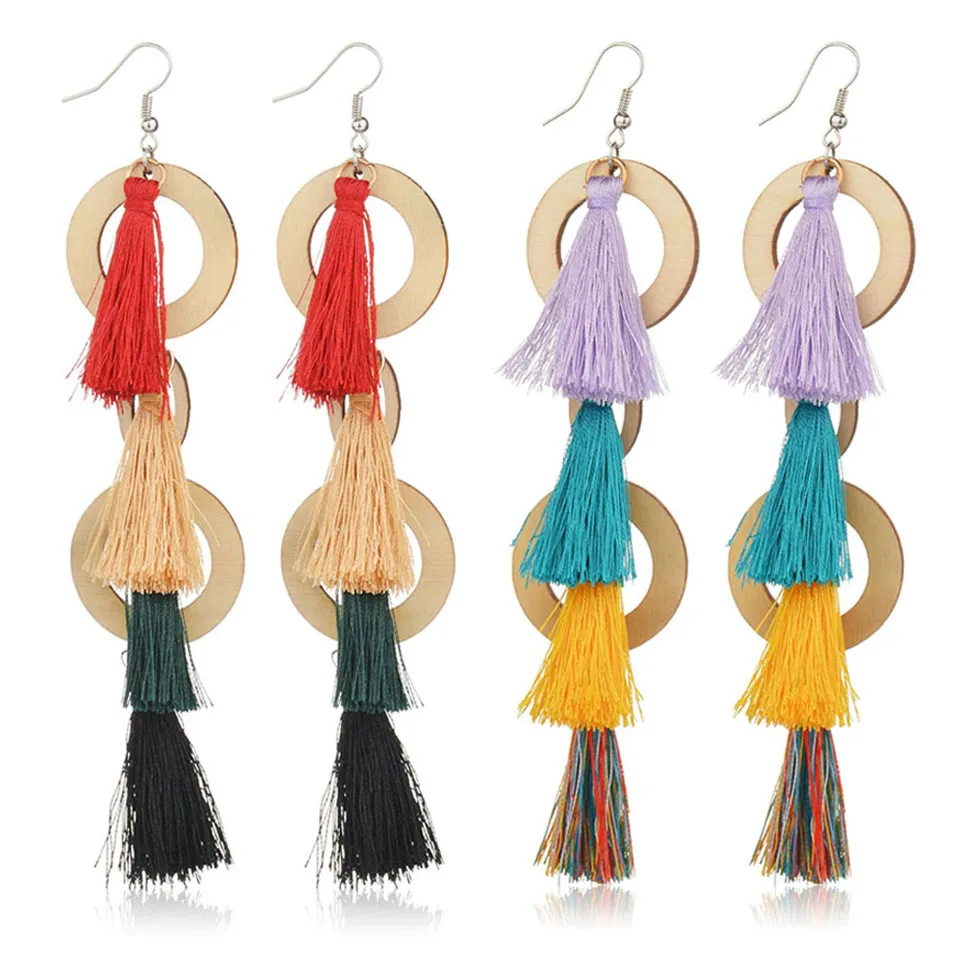 

Women Fashion Wooden Tassel Earrings Double Circles Trendy Drop Earrings Quality Drop Earrings Female Fashion Jewelry For Women