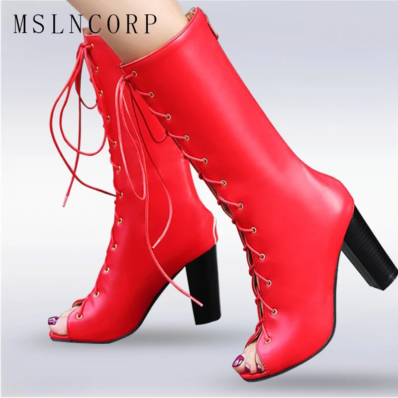 

plus size 34-48 New Lace Up Summer Sandals Boots Peep Toe High Heels Gladiator Women knee high Boots Fashion Sexy Zapatos Mujer