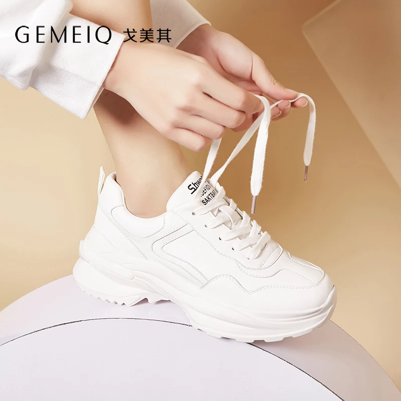 

GEMEIQ 2019 Spring New Platform shoes Lace- up Small White Shoes Women ins height-increased easy matching casual Sports Shoes