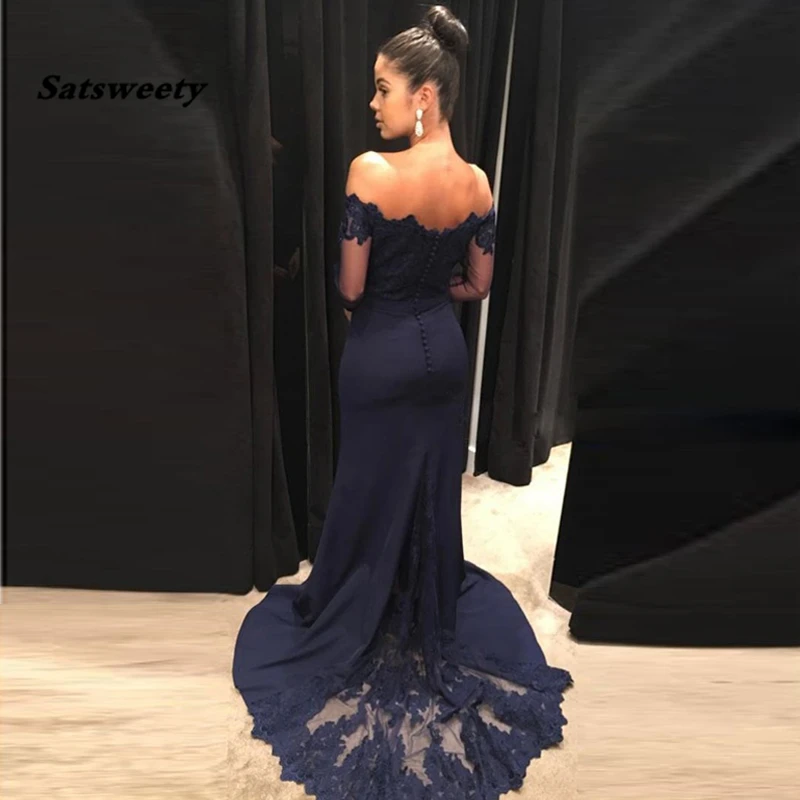 Navy-Blue-Mermaid-Prom-Gowns-Off-The-Shoulder-Long-Sleeves-Appliques-Satin-Custom-Made-Formal-Women