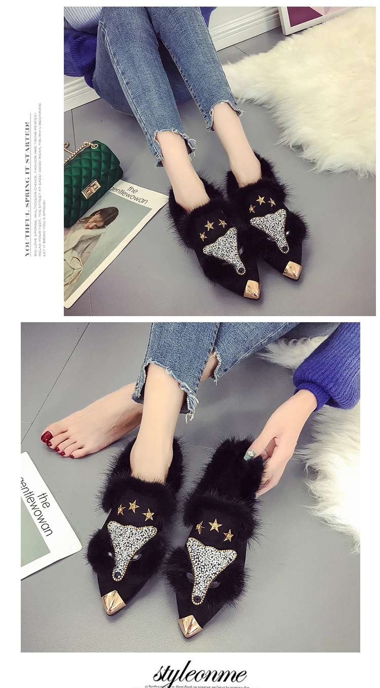 Sycatree Fox Head Style Women Casual Snow cotton Shoes Ladies Fur Shoes Moccasins Crystal Rivet Winter Warm Flat Driving Loafers