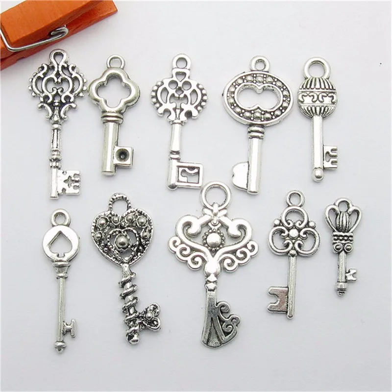 

Mix 50PCS (20*7--33*17mm ) Antique Silver Key charm pendants fit European bracelet made diy Bracelets & Necklaces
