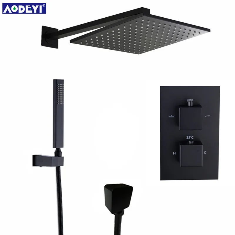 Black Brass Thermostatic Faucets Bathroom Faucet Set Thermostatic Mix Valve With 8/10/12 Inch Rainf