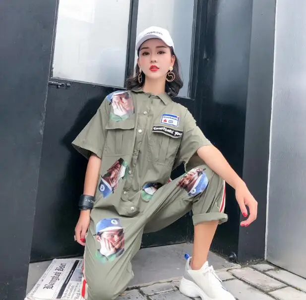 Women Cartoon Patches Short Sleeve Jumpsuit Turn Down Collar One Piece Romper Street Wear Hip Hop Design Overalls | Женская одежда