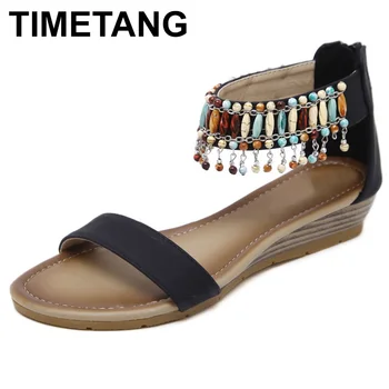 

TIMETANG Women Ethnic Bohemia Wedge Sandals Shoes Woman String Bead Beach Sandals Casual Gladiator Shoes size 35-42 C073