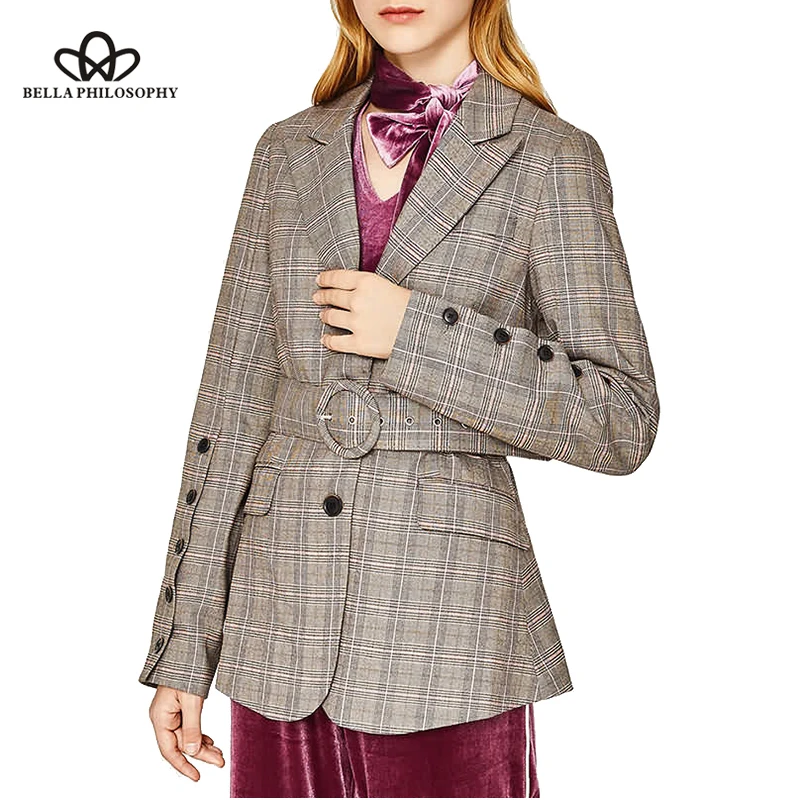 Wonder 2018 new autumn Winter Long Sleeve Coat Casual Female Belt Plaid Coats Turn-down Collar Single Breasted Korean Outwears
