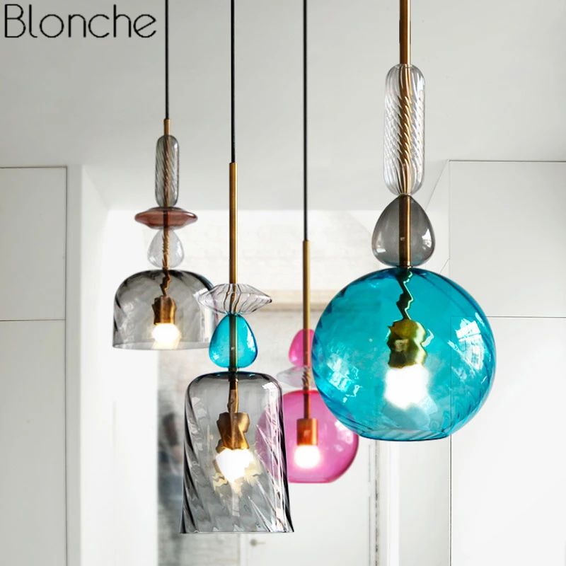  Nordic Stained Glass Pendant Lights Led Loft Modern Hanging Lamp Candy Luminaire for Dining Room Ki - 32914442228