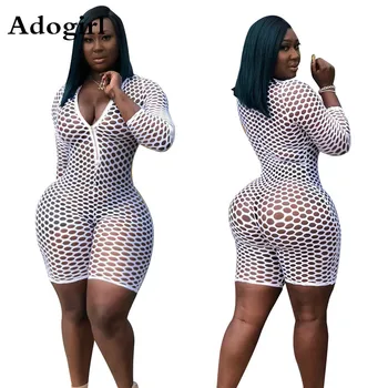 

Fishing Net Hollow Out Sheer Playsuit Fluorescent Color Deep V-Neck Zipper Short Romper See Through Jumpsuits For Women