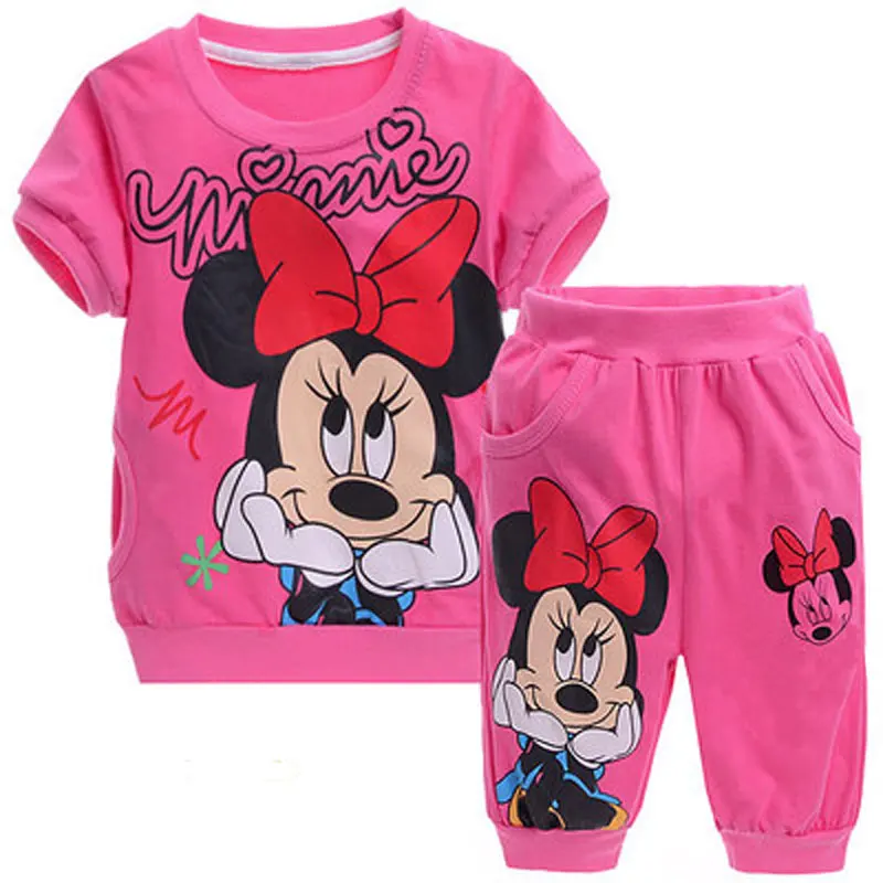 Комплект одежды с Минни для девочек, летние хлопковые комплекты одежды с короткими рукавами для девочек, одежда для маленьких девочек, рубашка и штаны, детские костюмы из 2 предметов - Цвет: rose