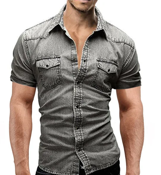 Для мужчин джинсы рубашки летние хлопковые воды стиральная Мужской топы Короткий рукав Цветочный принт джинсовая рубашка Для мужчин - Цвет: Серый