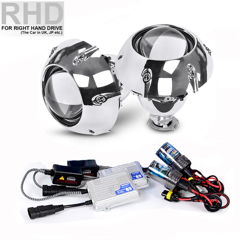 RHD with xenon kit 2 шт. 2,5 дюймов универсальный би ксенон HID объектив проектора с серебряными кожухами H4 H7 мотоцикл стайлинг фары объектив проектора - Цвет: RHD with xenon kit