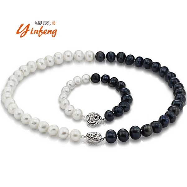 

[MeiBaPJ] 10-11mm Big Pearl Beads Fashion Real Culture White And Black Pearl Jewelry Sets Include Necklace Bracelet