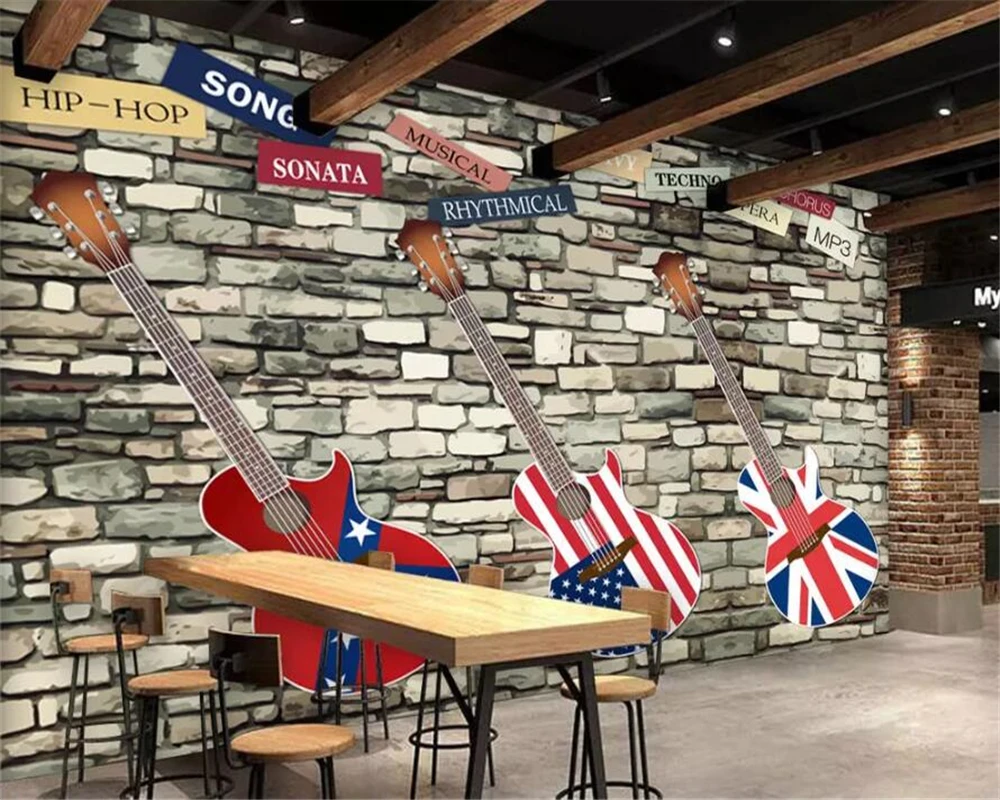 

beibehang Custom Wallpapers 3d Photo Murals Europe and America Retro Guitar Brick Wall Bar Coffee Shop Background wall paper