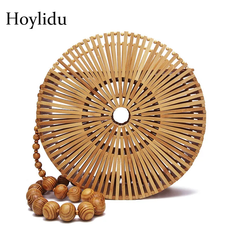 

Bohemian Style Women Handmade Bamboo Shoulder Bags Round Straw Bag Hollow Rattan Woven Summer Beach Bag Lady Retro Handbag Tote