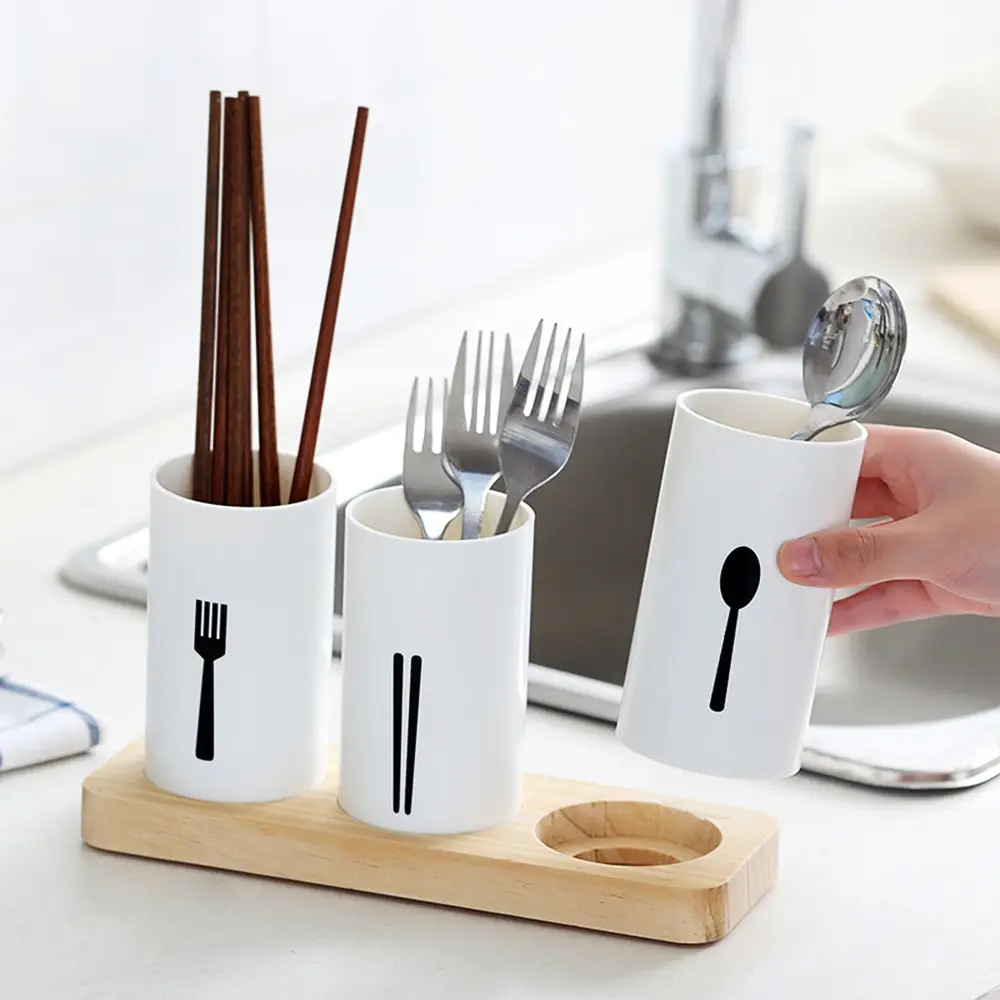 

Tableware Storage Rack Silverware Holder Cutlery Holder for Chopsticks Spoons Forks Flatware Holder with Oak Wood Base