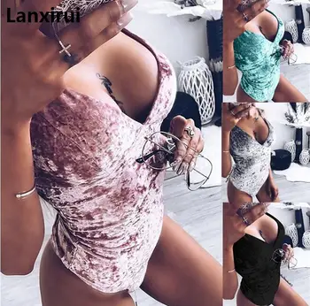

Women Backless Bodysuit V Neck Sleeveless Bodycon Velvet Jumpsuit Skinny Short Romens Womens Jumpsuit Club Combinaison Femme
