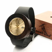 BOBO OISEAU C02 Femmes Rétro En Bois Or Montres avec Noir En Cuir Véritable Bretelles Calendrier Dames Montre-Bracelet