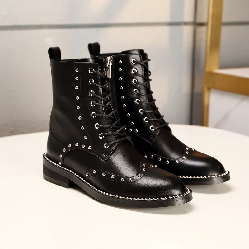 

Women Ankle Boots Shoes Woman 2018 Spring Fall Genuine Leather Lace Up Shoes Punk Motorcycle boots Shoes Woman zapatos de mujer