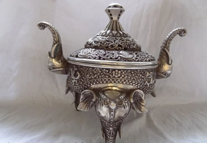 

S3711 11" Tibet Silver Auspicious Elephant Statue Bronze Dragon Incense Burner Censer D0318