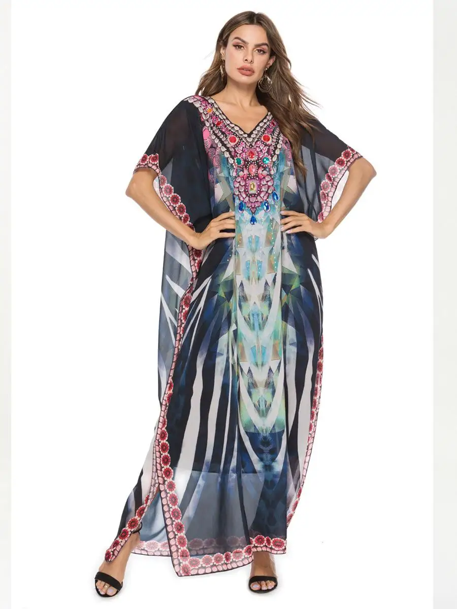 Кафтан хиппи Макси платье богемный принт кафтан шифоновое летнее платье с коротким рукавом пляжные платья с бисером Абая Халат Свободный