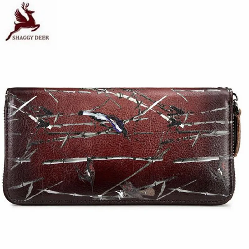 

Square bird print Genuine leather retro lady Wallet fashion Handmade Long Women's Moneybag