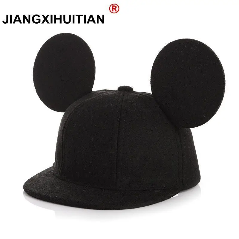 

2017 winter Womens Cartoon Cute Big Ears Snapback Hats dad hat Hip Hop Baseball Caps Female 100% Real wool Hat For Women