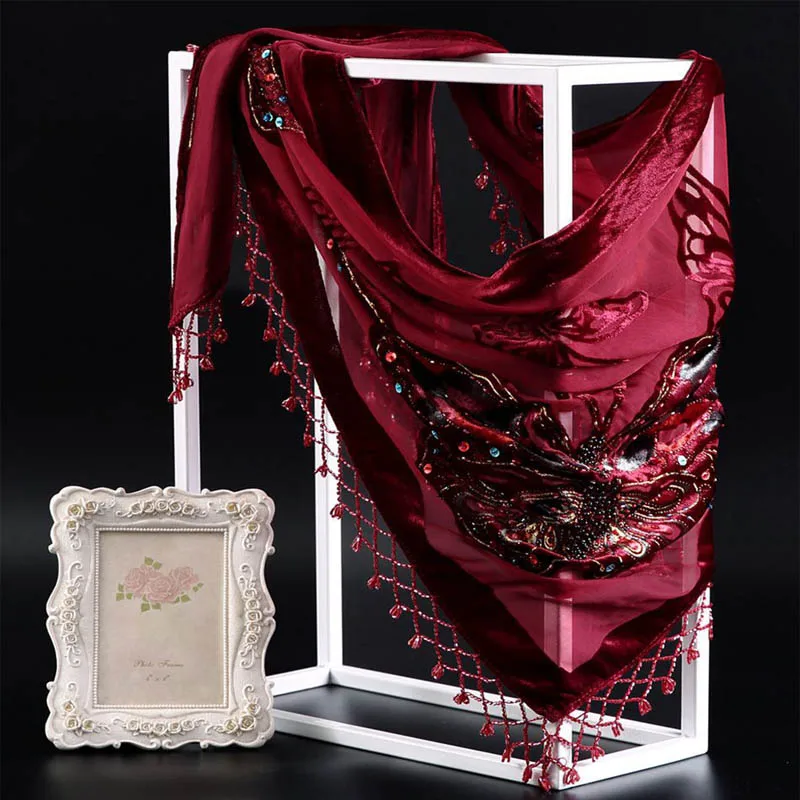 

fashion ladies and women triangle shawl handmade beaded velvet silk tassel embroidery scarf shawl 168cm*165cm*and Height38cm