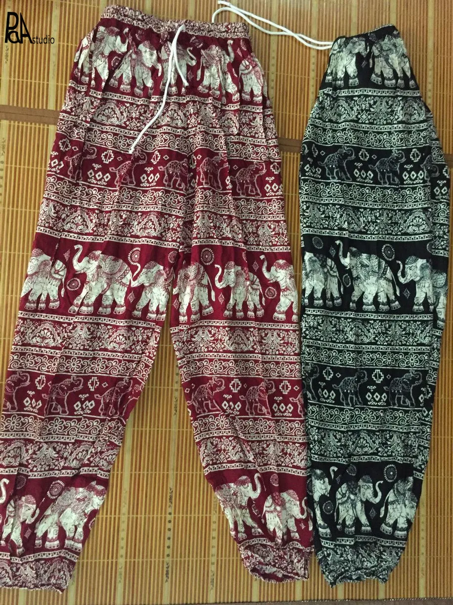 Мягкие хлопковые льняные тайские индийские народные банданы со слоном на завязках на талии свободные шаровары широкие штаны пляжные тренировочные брюки для бега Boho