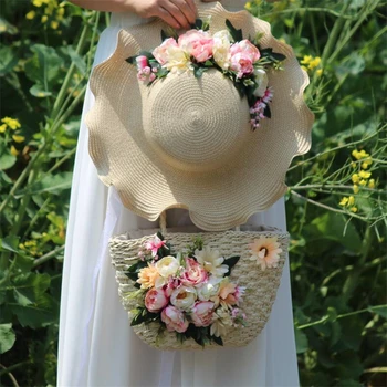 

Handmade Flower Women Shoulder Bag Summer Beach Bag Woven Rattan Knitted Straw Bag Big Totes Travel Women Handbag Shopping bag